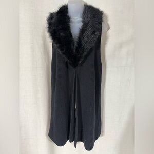 Talbots Black Knit Vest with Faux Fur Trim Size Medium